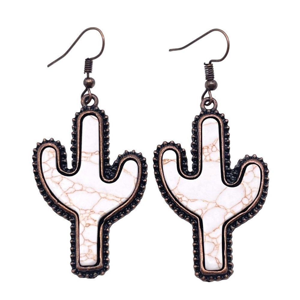 Copper with White Turquoise Boho Southwestern Cactus Hook Earrings